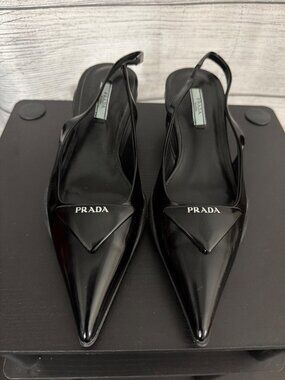 Prada Brushed Leather Slingback Pointed-Toe Kitten Heels Size 8